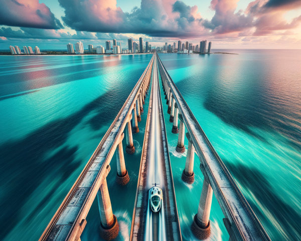 Aerial View of Bridge Over Turquoise Waters and Skyline