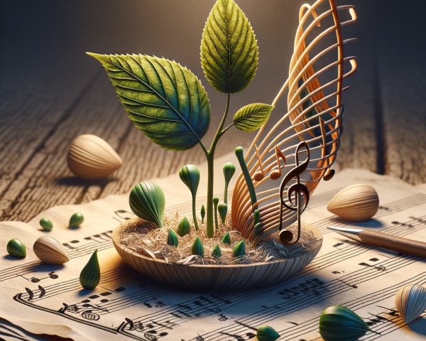 Wooden Bowl with Plants and Musical Notes on Sheet Music