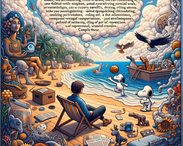 Serene beach scene with contemplative figure and vibrant clouds