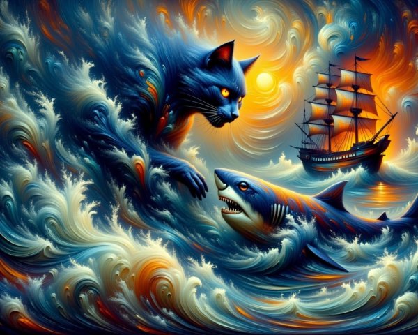 Whimsical Blue Cat and Shark in Dramatic Sunset Scene
