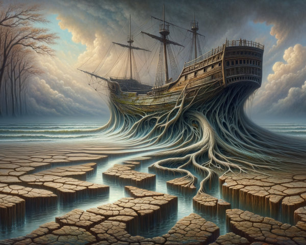 Weathered Ship on Cracked Earth with Barren Landscape