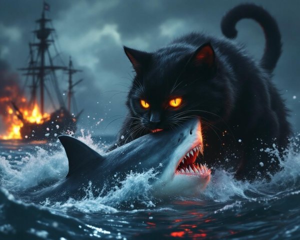 Colossal black cat grips shark in turbulent waters
