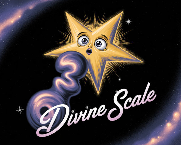 Cartoonish star with cosmic backdrop and playful text