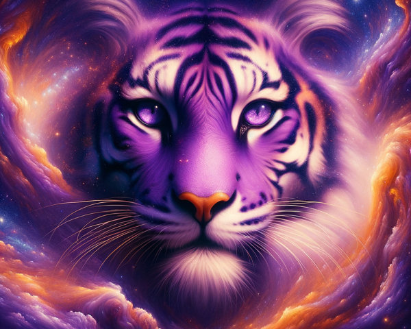 Cosmic Tiger Face in Colorful Nebula Background