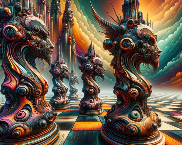 Surreal Chessboard with Colorful Head-Shaped Pieces