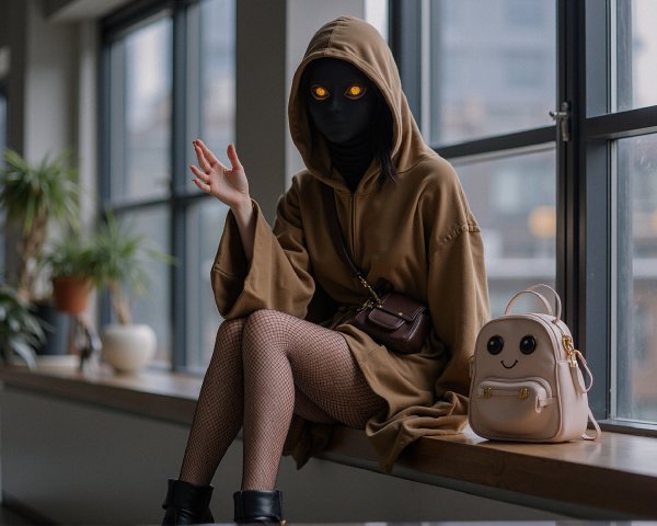 Figure in oversized hoodie with glowing eyes indoors