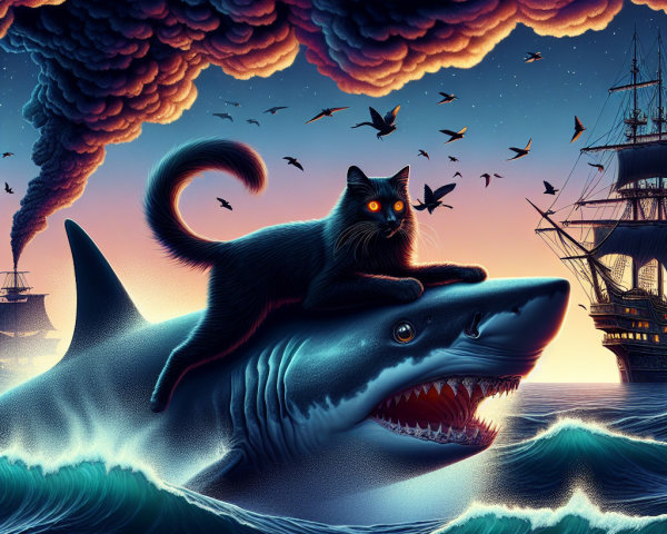 Black Cat Rides Shark in Whimsical Ocean Scene