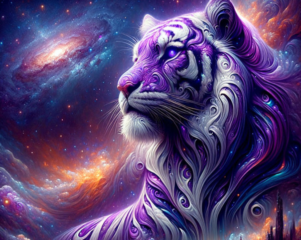 Majestic white tiger with cosmic colors and starry sky