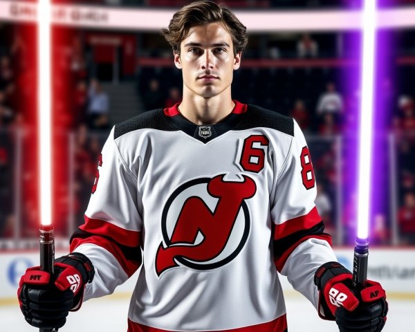 Young Hockey Player with Lightsabers on Ice