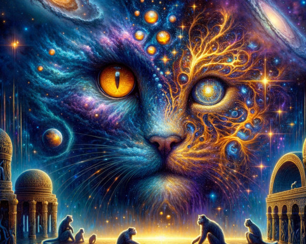 Majestic Cat Face Amidst Cosmic Galaxies and Light