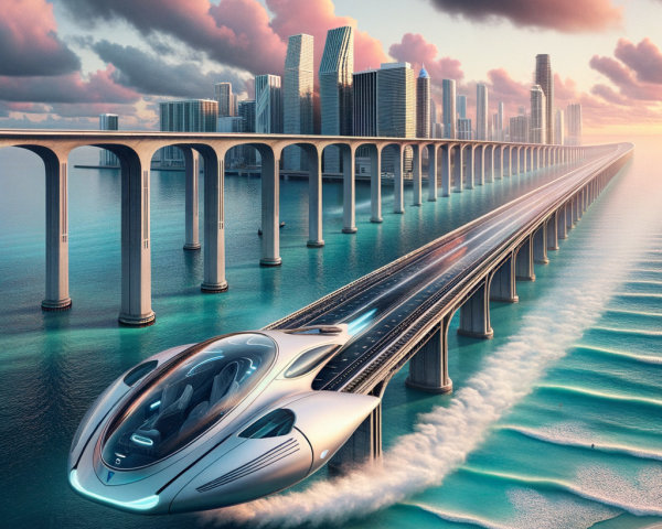 Futuristic Vehicle Over Ocean and City Skyline