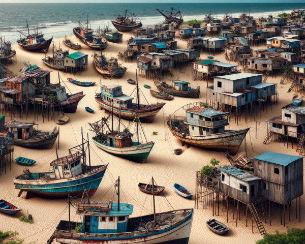 Aerial View of Coastal Village with Fishing Boats