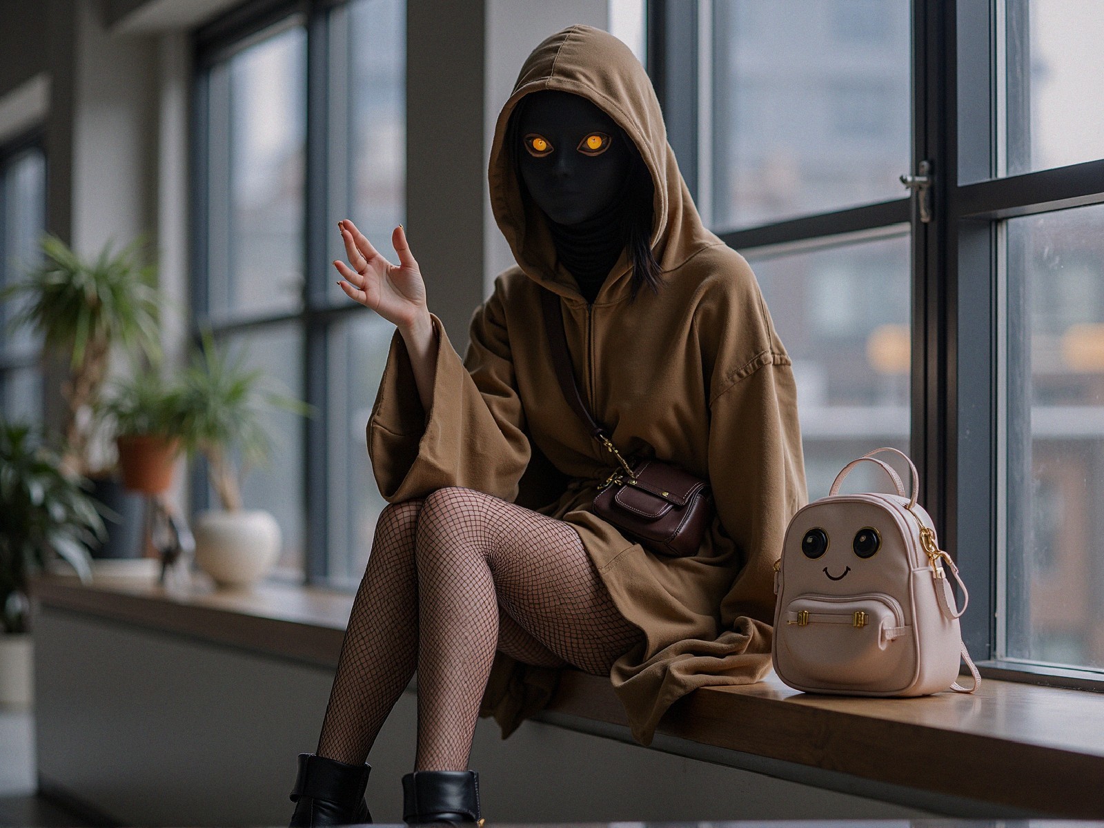Figure in oversized hoodie with glowing eyes indoors