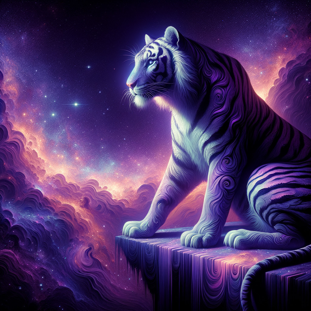 White tiger on cosmic cliff with nebulae backdrop
