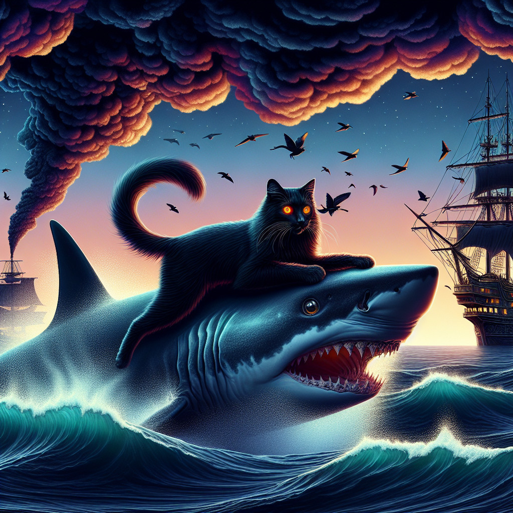 Black Cat Rides Shark in Whimsical Ocean Scene