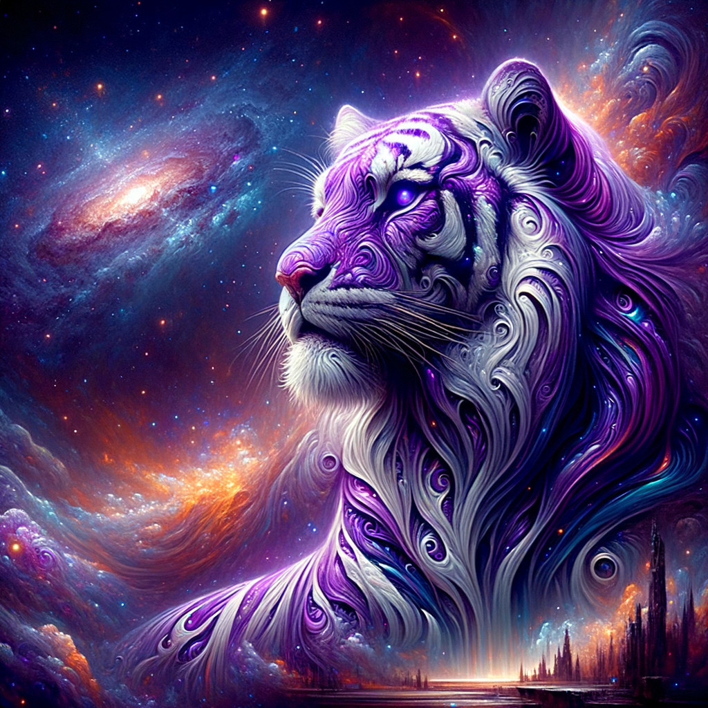Majestic white tiger with cosmic colors and starry sky