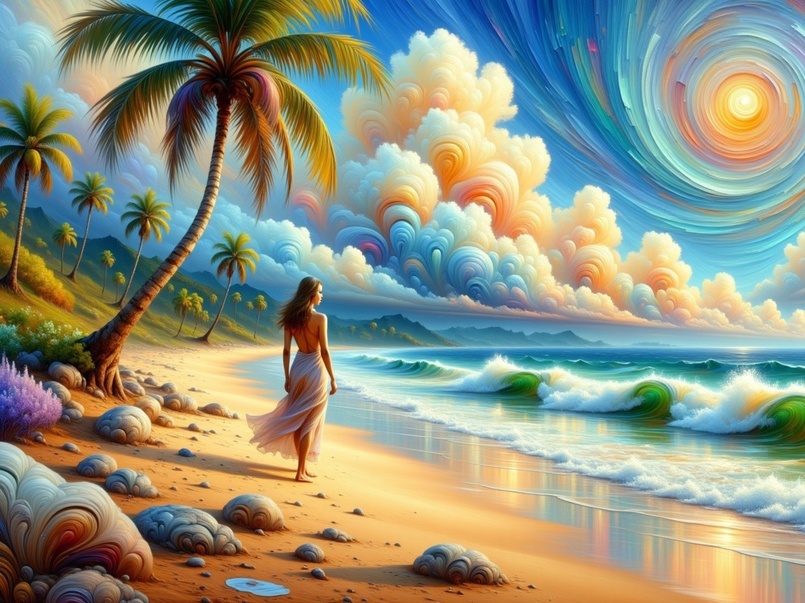 Serene Beach Sunset with Woman in White Dress