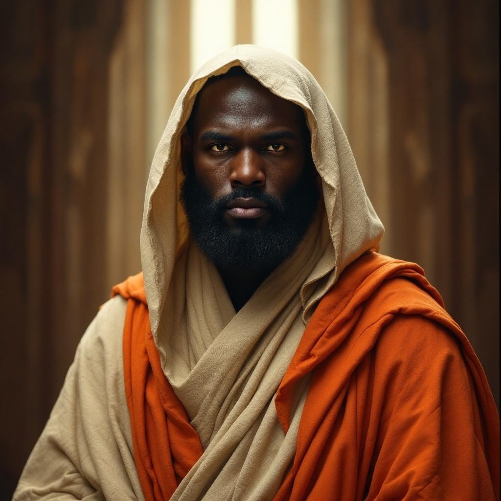 Solemn Figure in Orange Robe and Beige Hooded Garment