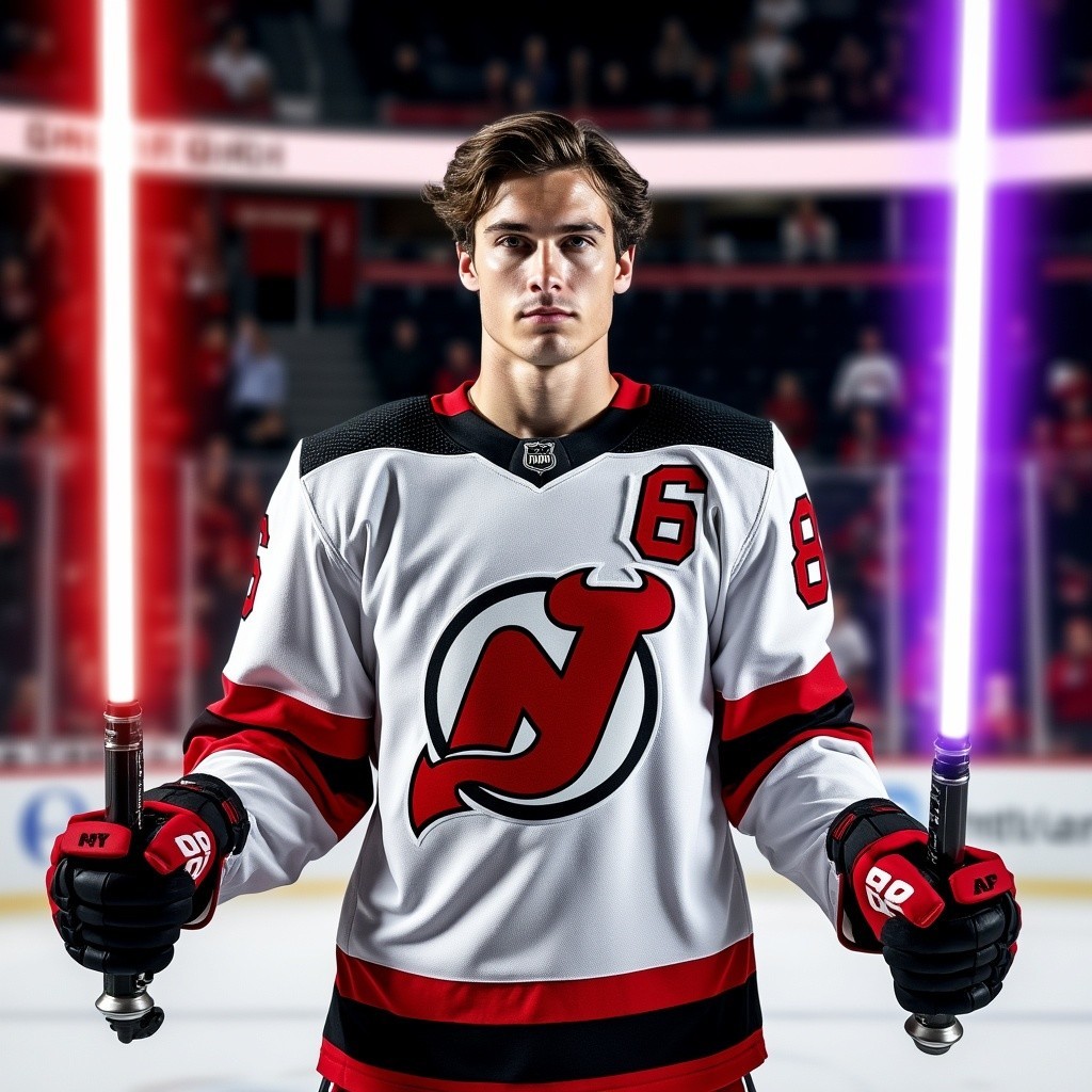 Young Hockey Player with Lightsabers on Ice