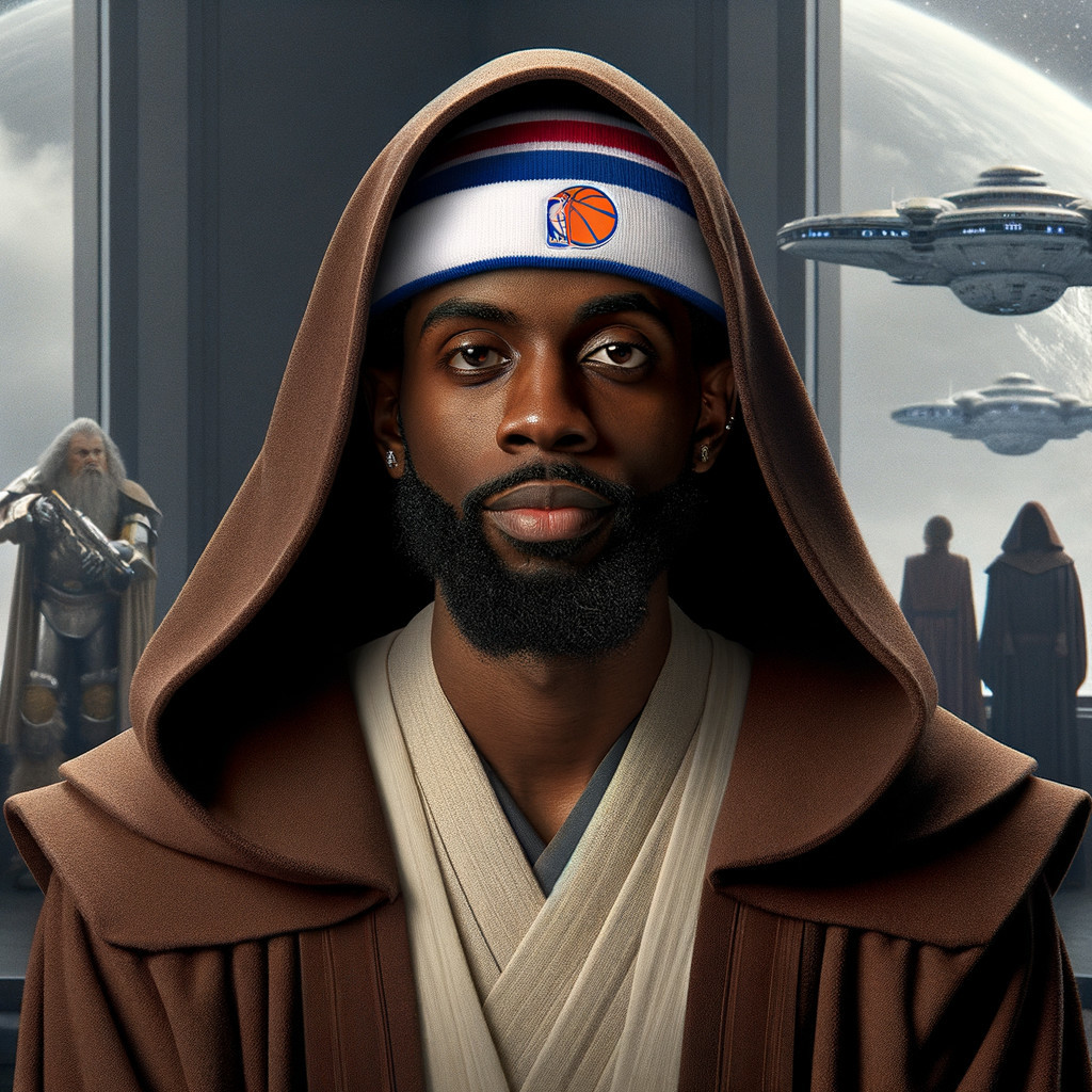 Futuristic Jedi Scene with Sports Culture Elements
