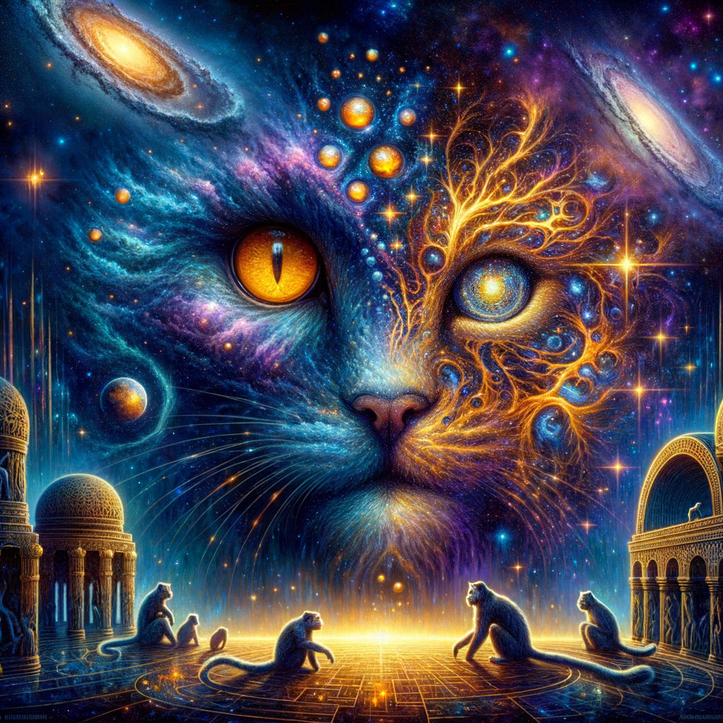 Majestic Cat Face Amidst Cosmic Galaxies and Light