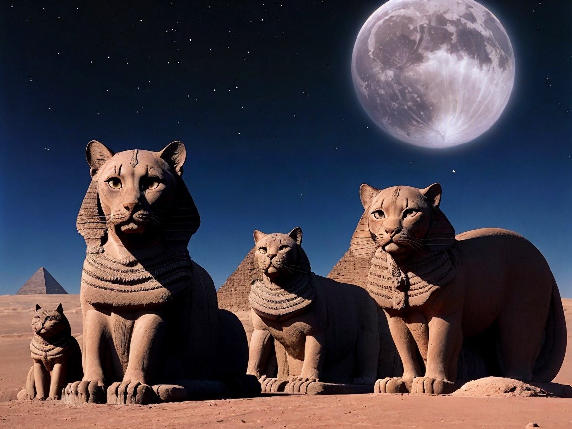 Surreal Scene of Lion Statues and Pyramids at Night