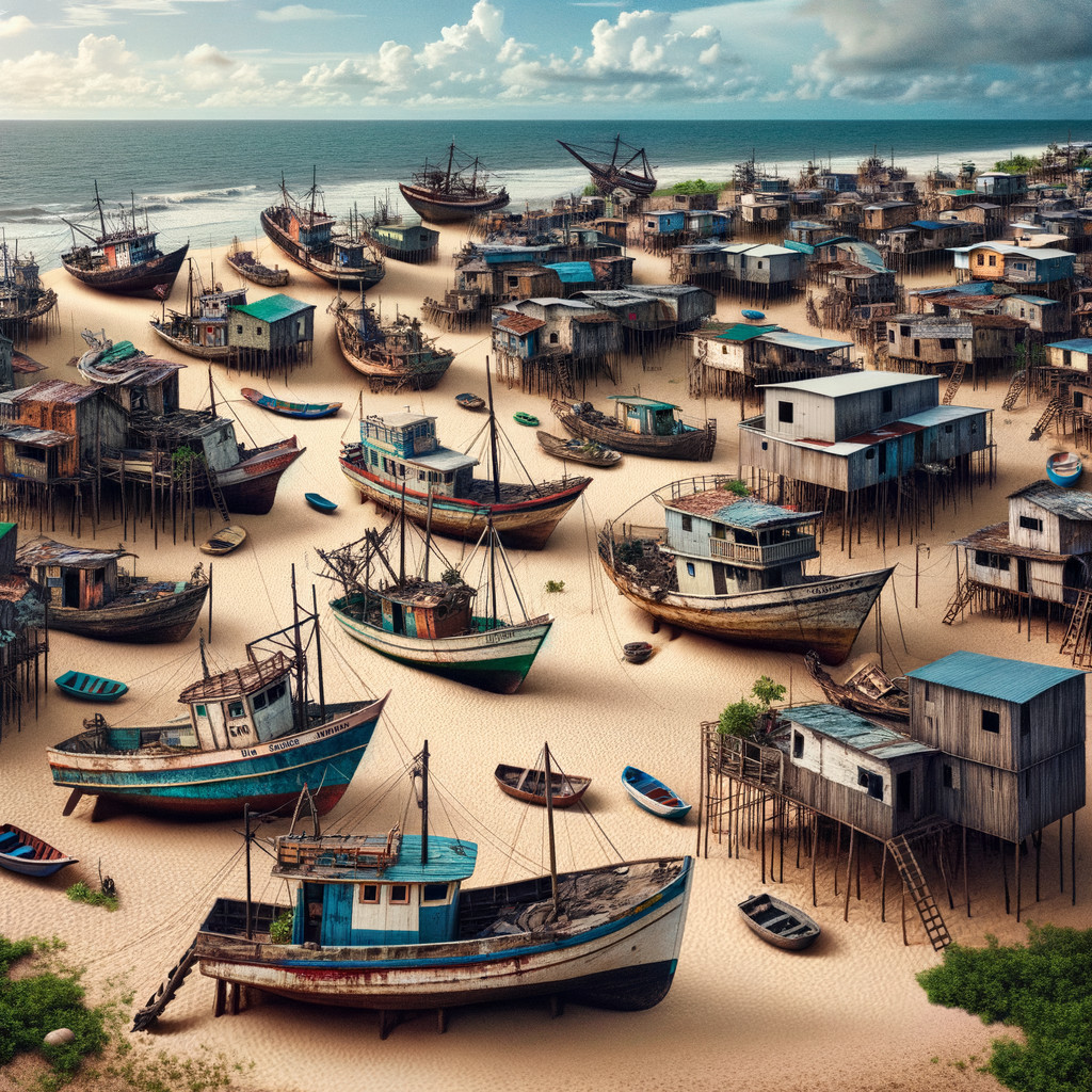 Aerial View of Coastal Village with Fishing Boats