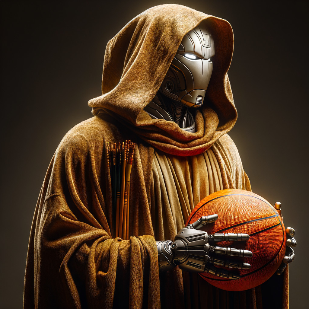 Mysterious Figure in Robe Holding Basketball and Tools