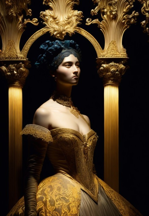 Elegant Figure in Golden Gown with Floral Crown