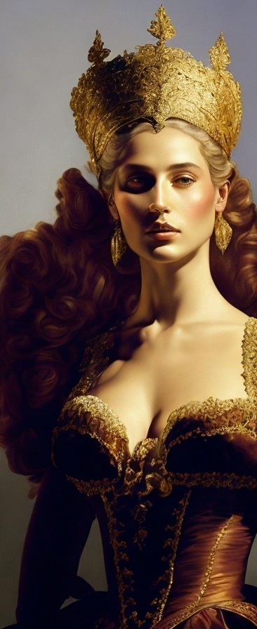 Lavish Historical Gown with Gold Detailing and Crown