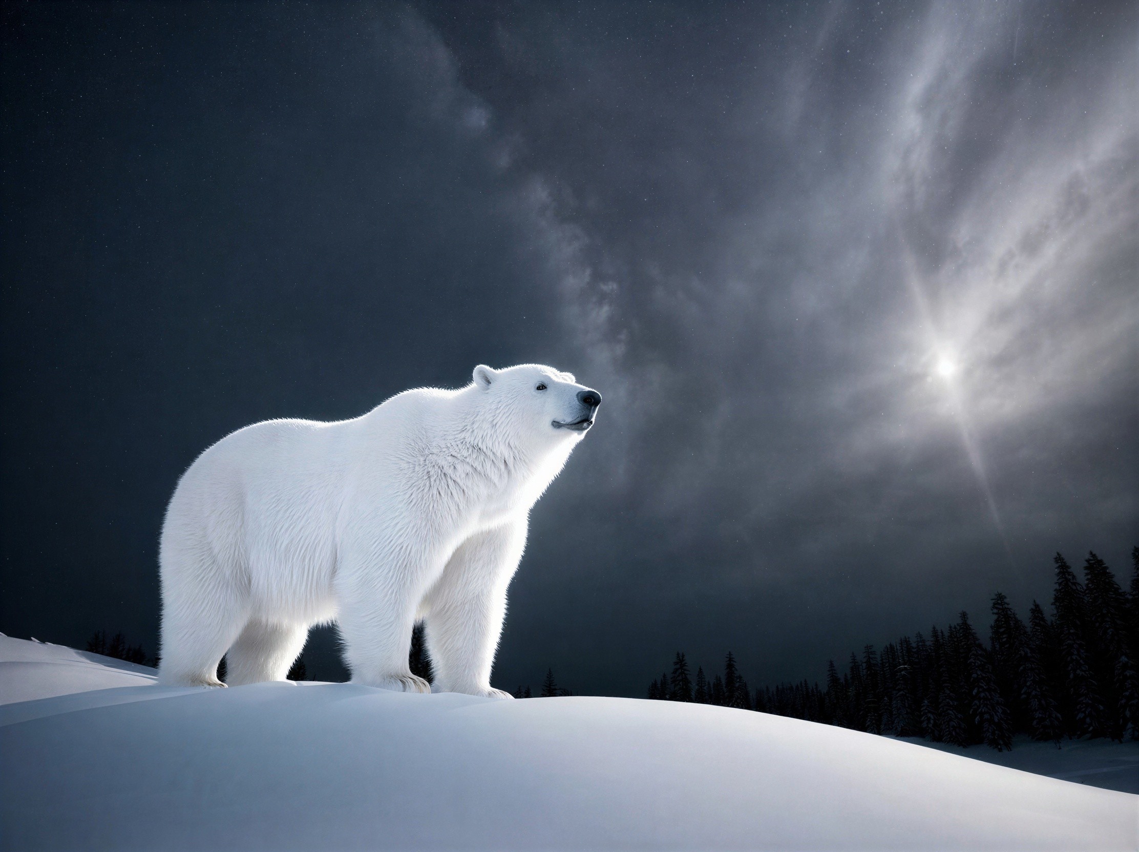 Polar Bear on Snowy Hill Under Starry Sky