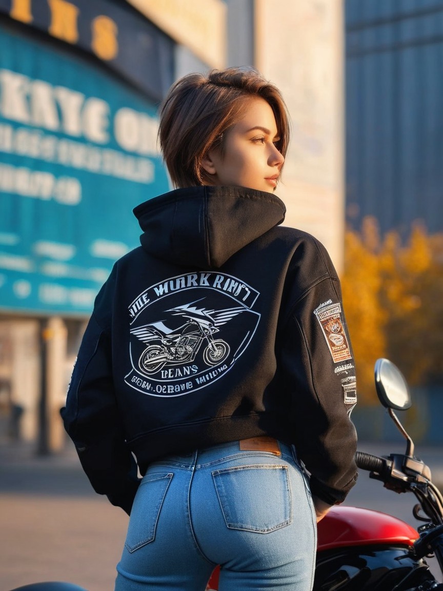 Young woman in black hoodie and blue jeans in sunlight