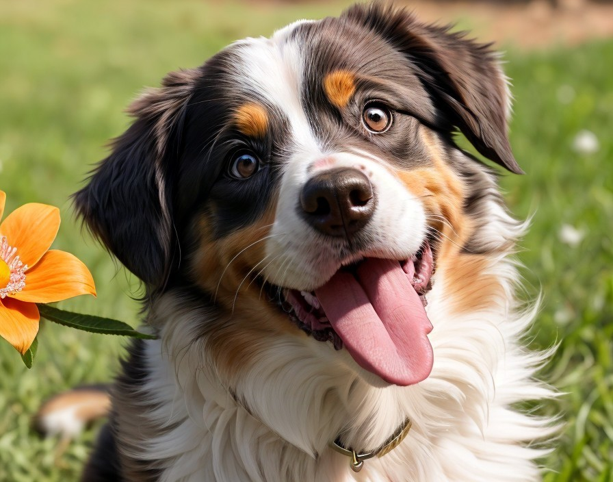 Medium-sized cheerful dog on green grass with flower