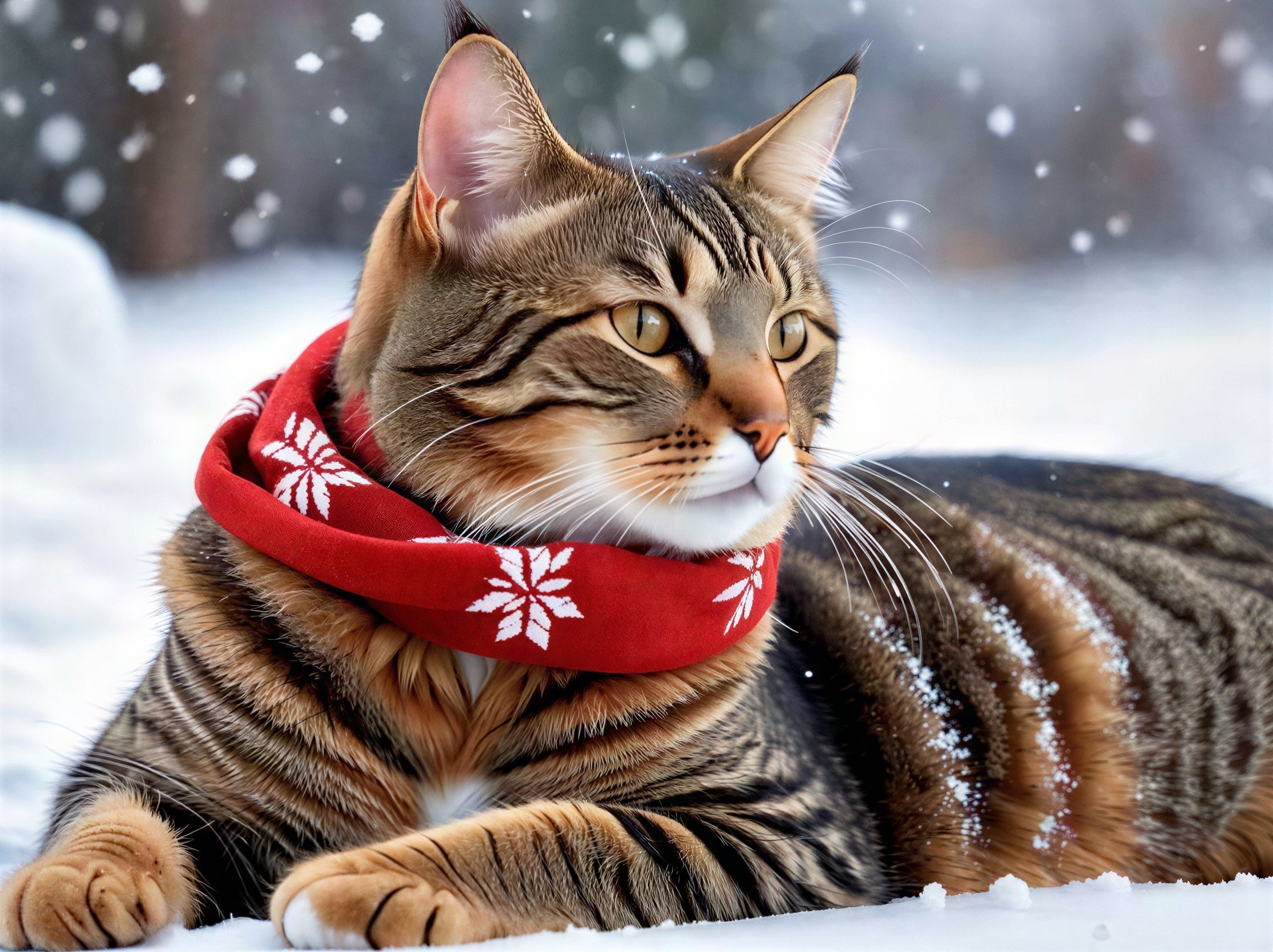 Tabby Cat Portrait in Snow with Festive Scarf