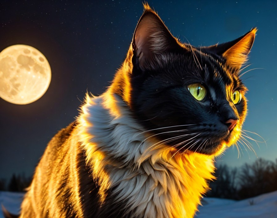 Black and white cat with green eyes under moonlight
