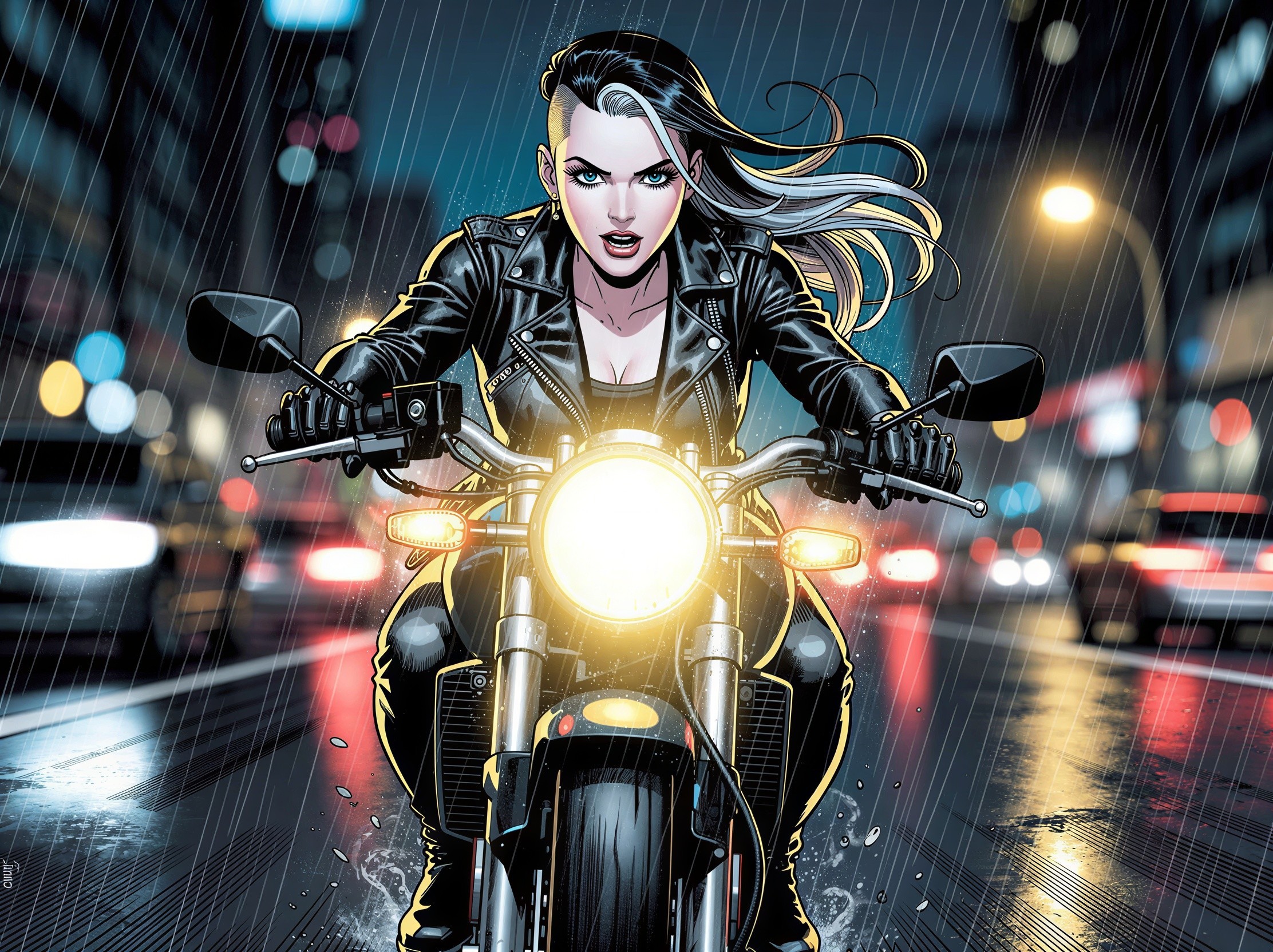 Fierce Woman on Motorcycle in Rainy City Night Scene