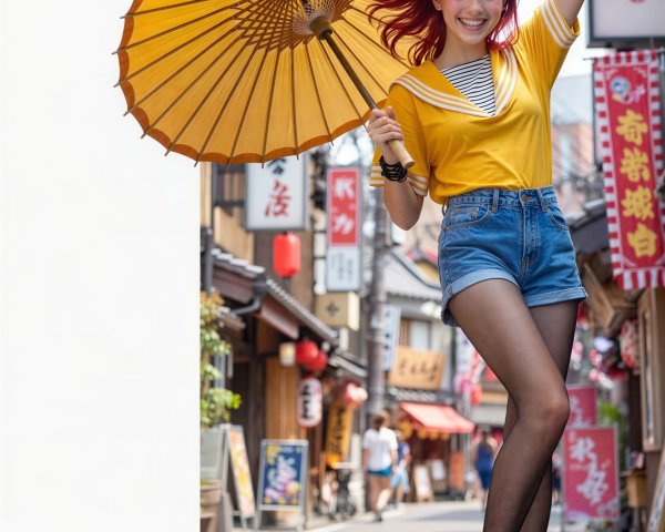 Vibrant Woman with Red Hair in Japanese Street Scene