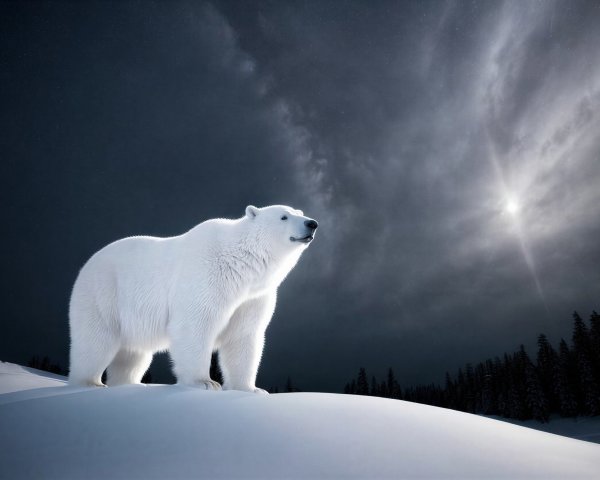 Polar Bear on Snowy Hill Under Starry Sky