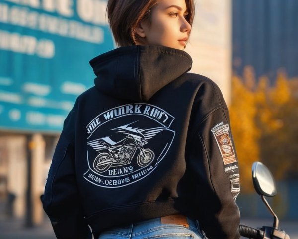 Young woman in black hoodie and blue jeans in sunlight