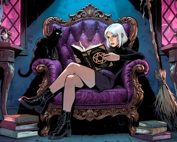 Young woman with white hair reading in a dark room