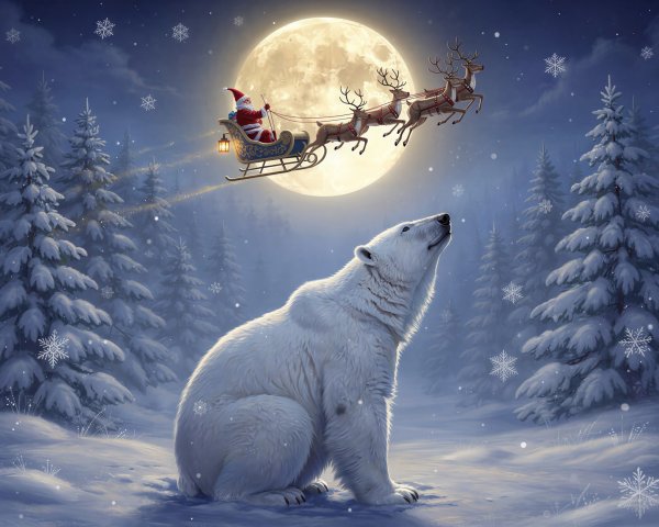 Polar Bear in Snow Under Full Moon with Sleigh