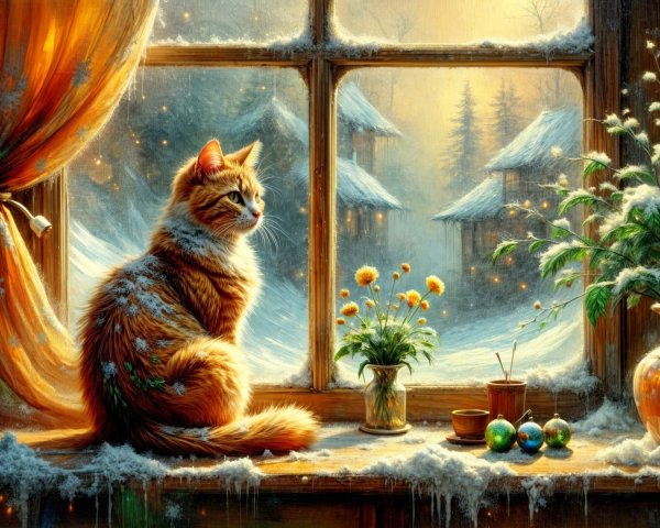 Winter Scene with Cat on Windowsill and Snowy View
