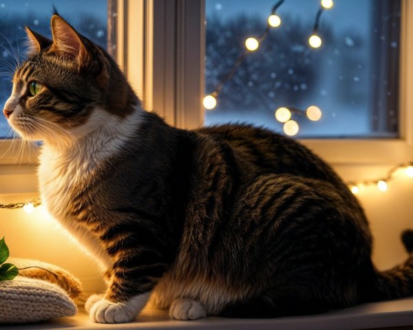 Tabby Cat on Windowsill with Snowy Scene and Lights