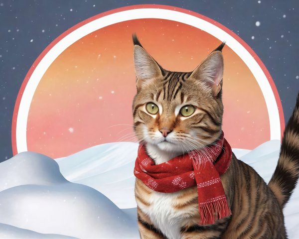 Realistic Portrait of a Tabby Cat in a Snowy Landscape