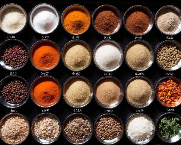 Assortment of Spices in Metal Bowls on Dark Tray
