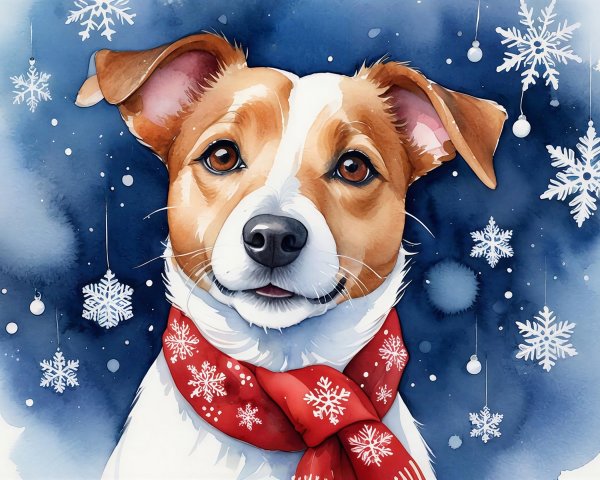 Watercolor Painting of Jack Russell Terrier in Scarf