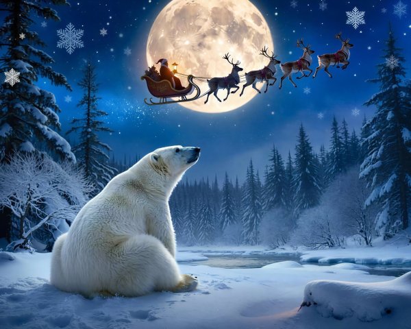 Polar Bear in Arctic Forest Under Full Moon Scene
