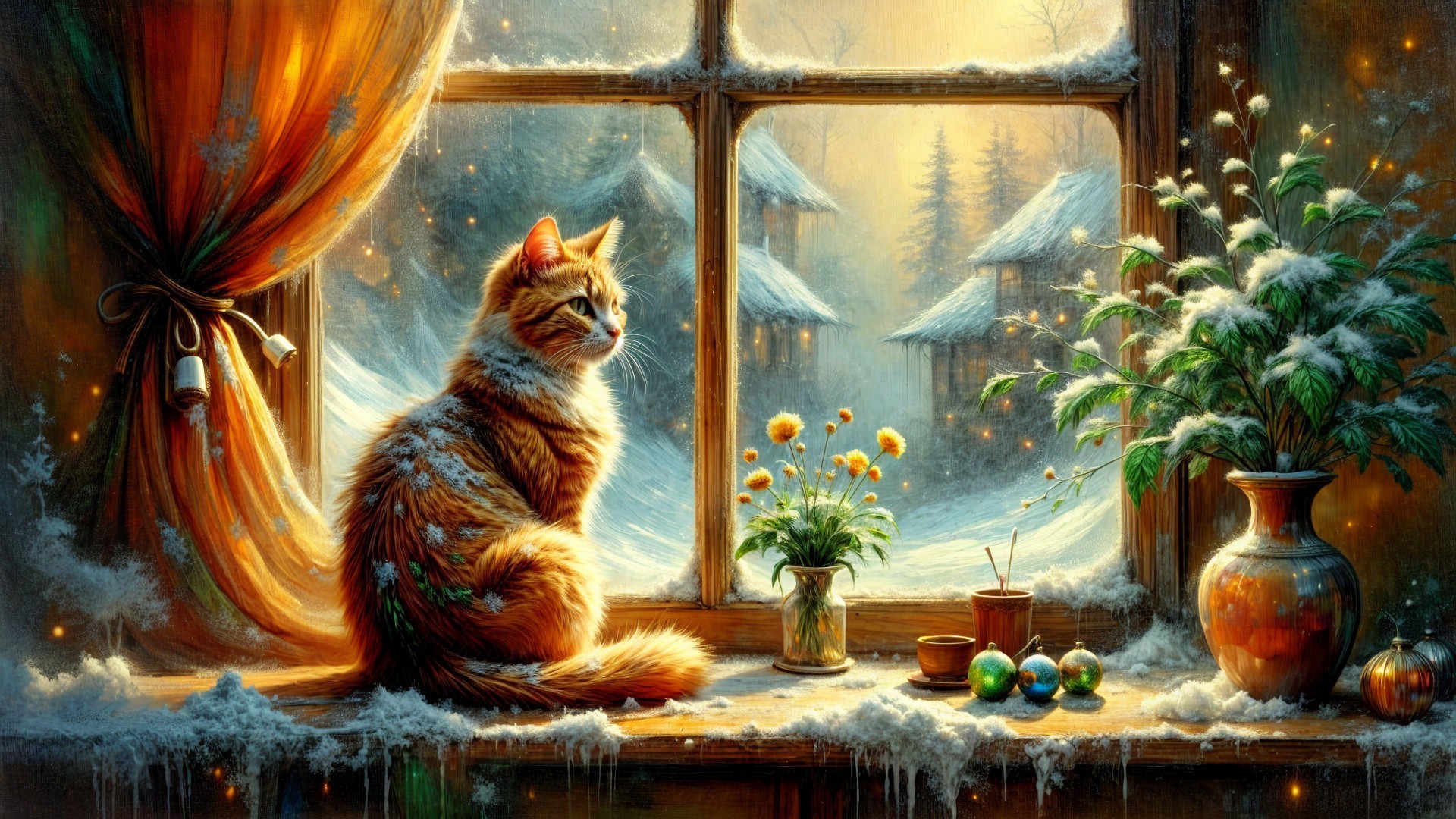 Winter Scene with Cat on Windowsill and Snowy View
