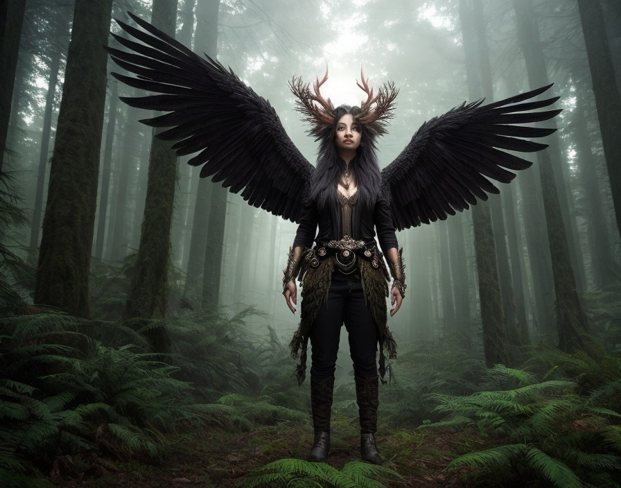 Mystical Figure with Wings in Foggy Forest Setting