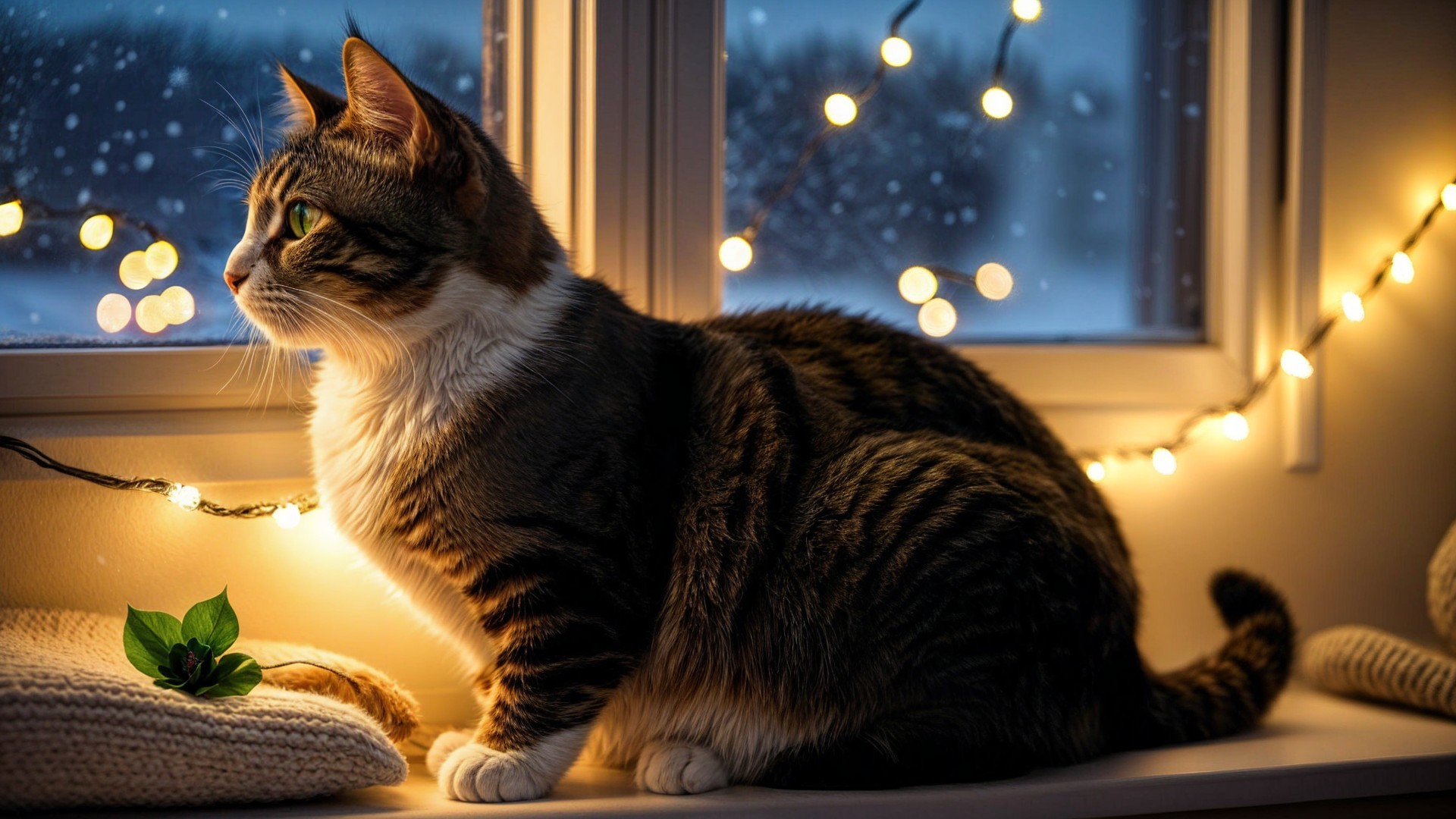 Tabby Cat on Windowsill with Snowy Scene and Lights